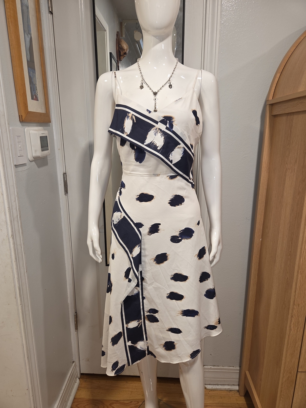 Banana Republic Elegant White and Navy Asymmetrical Slip Midi Dress Sz 8p